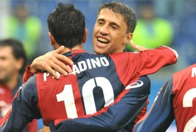 Hernan Crespo (2 goals) and Raffaele Palladino (1 goal) celebrate one of their goals against Siena